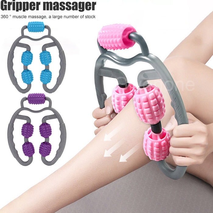 4-wheel trigger point muscle roller in blue and purple
