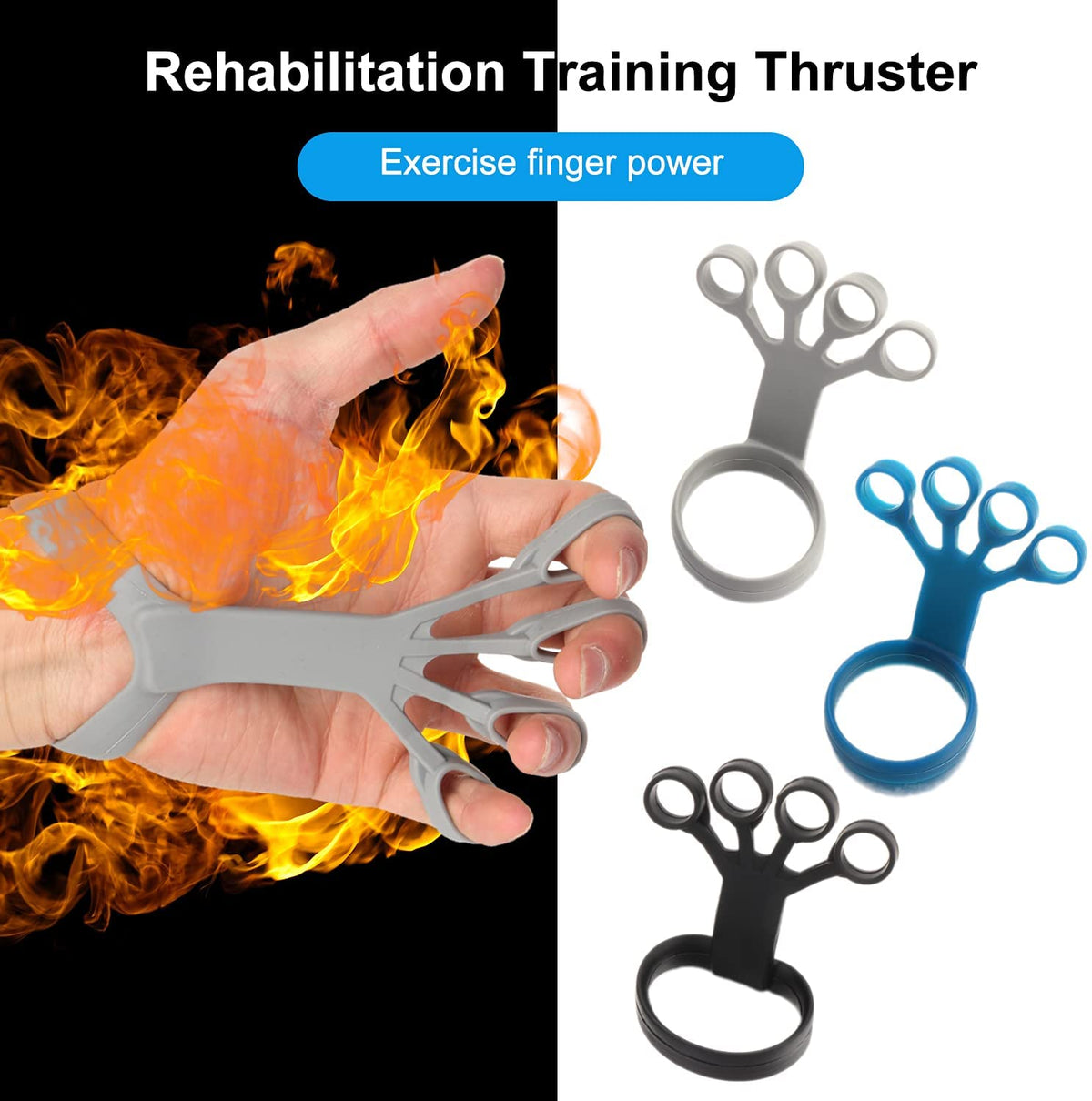 Silicone finger and hand extensor trainer in gray, blue, and black