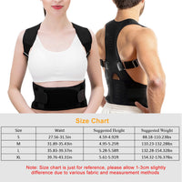 Posture corrector size chart, S to XL