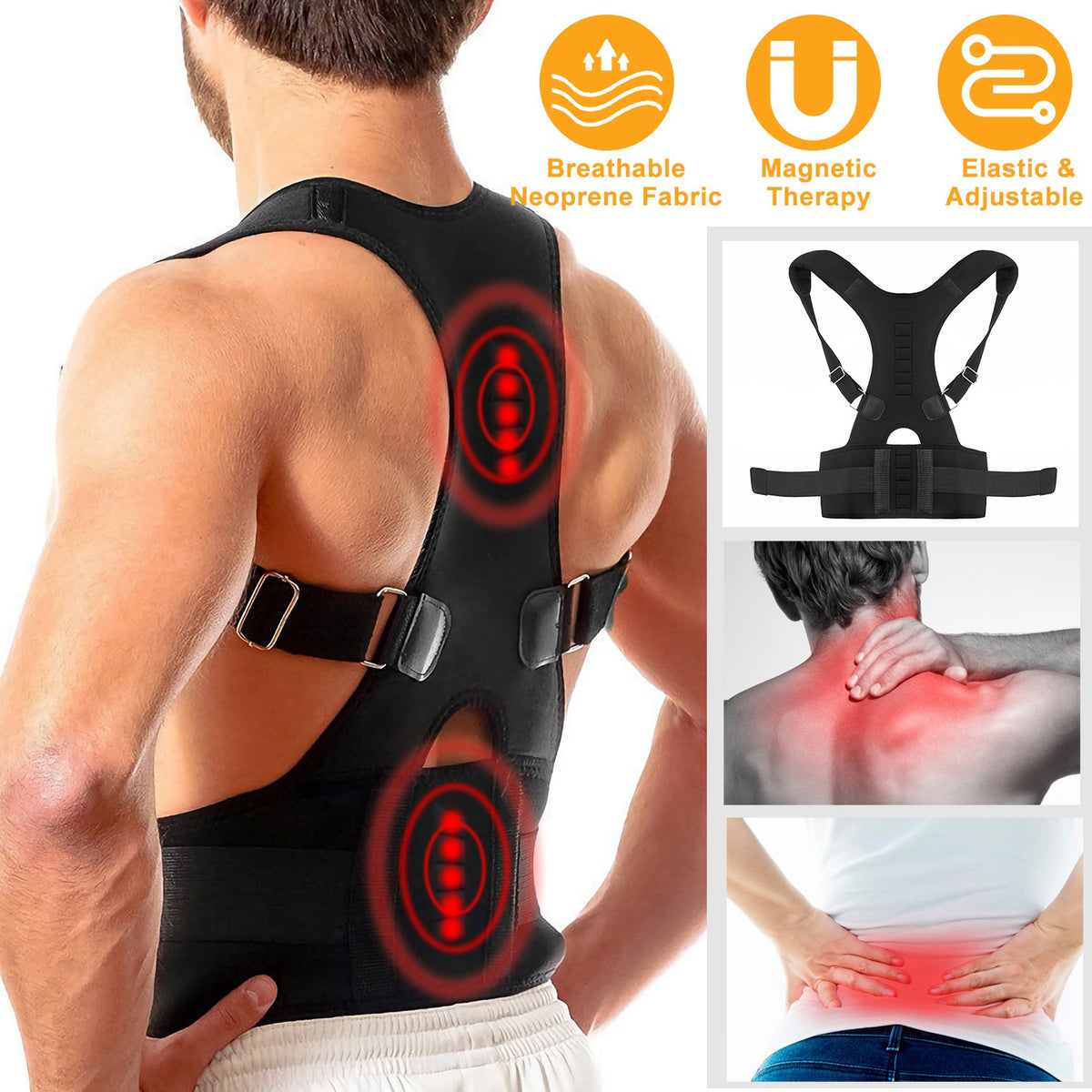 Magnetic posture corrector worn on a man's back